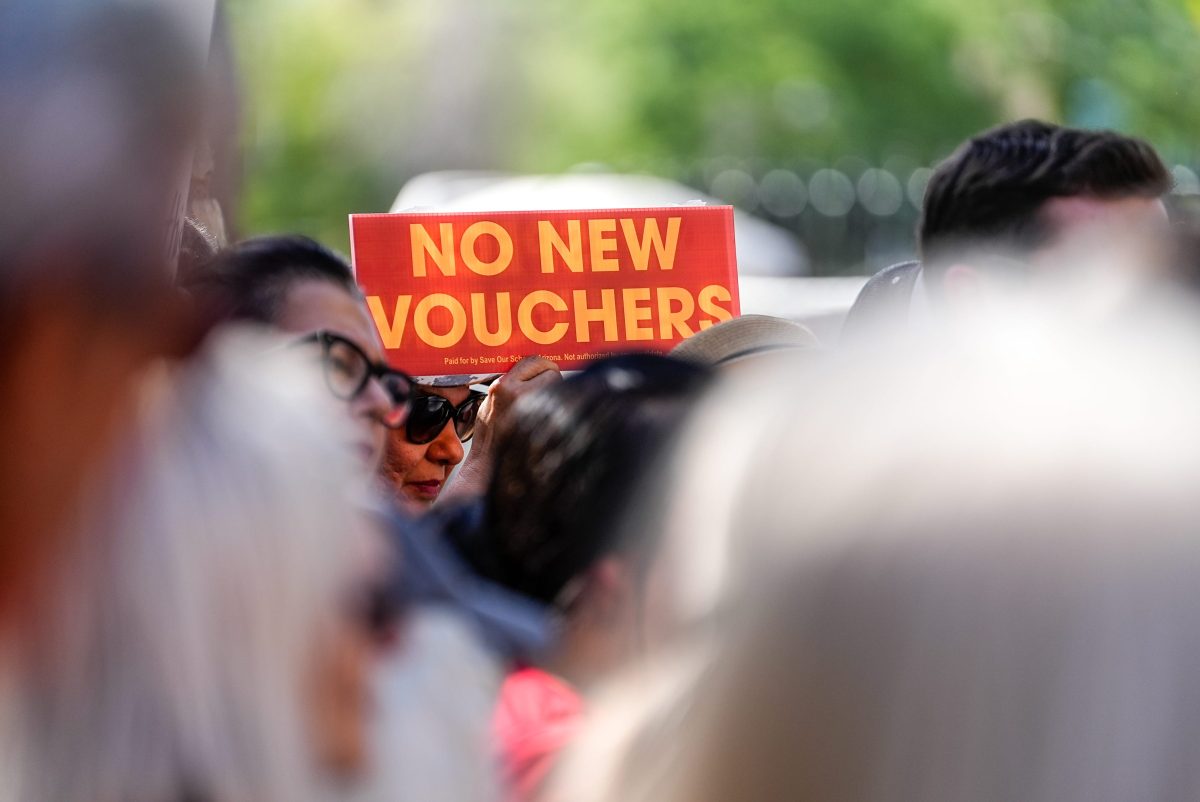 Jana Lynn Granillo attends a press conference protesting the lack of limits on Arizona's universal voucher program at the Arizona Capitol in Phoenix on May 9, 2023. Joel Angel Juarez/The Republic